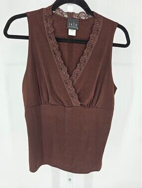 JKLA California Womens Sz XL Sleeveless Top Brown Lace Neckline V Neck Y2K